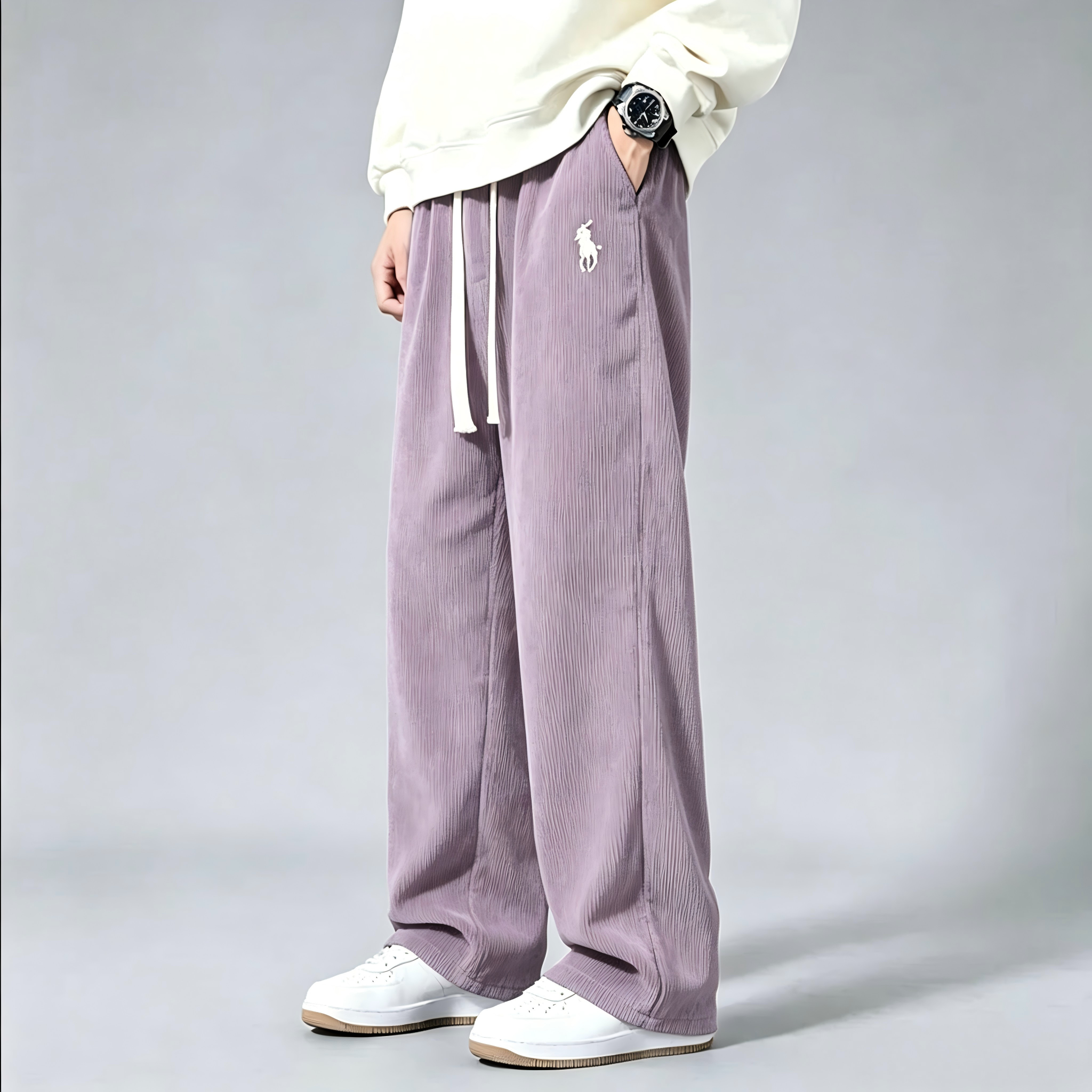 Men's corduroy wide-leg sweatpants—classic drawstring, loose-fit casual trousers.