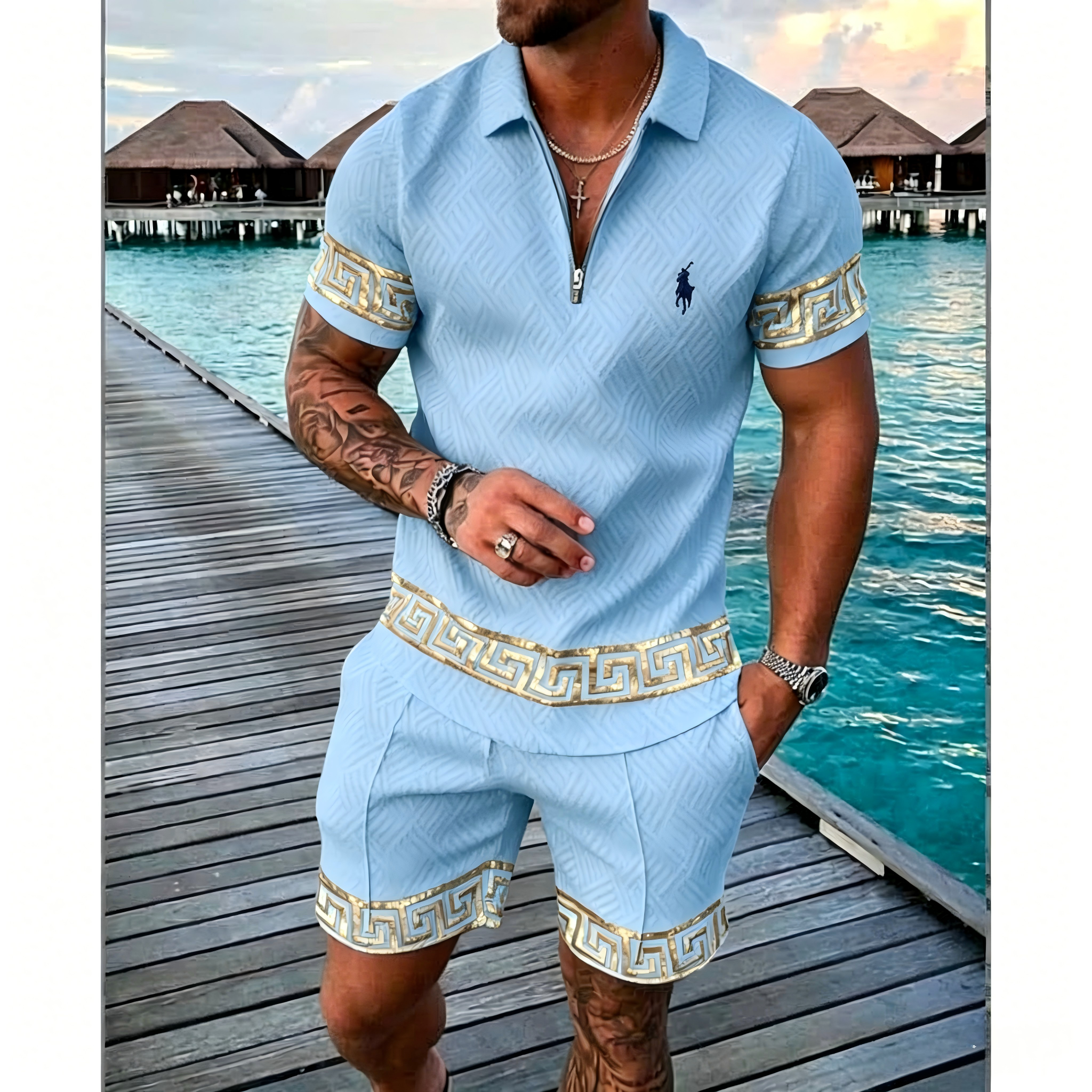 Men's Geometric Pattern Zip Polo Shorts 2 Piece Set