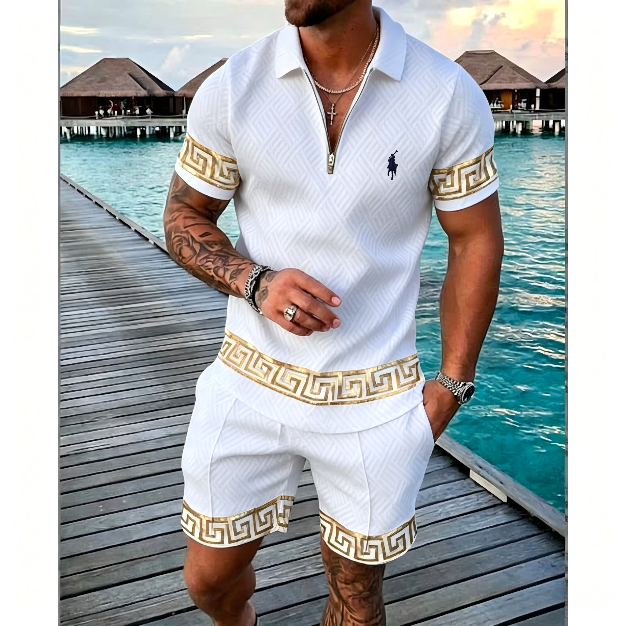 Men's Geometric Pattern Zip Polo Shorts 2 Piece Set
