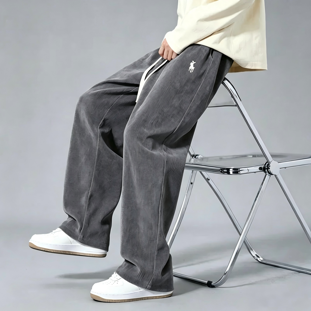 Men's corduroy wide-leg sweatpants—classic drawstring, loose-fit casual trousers.