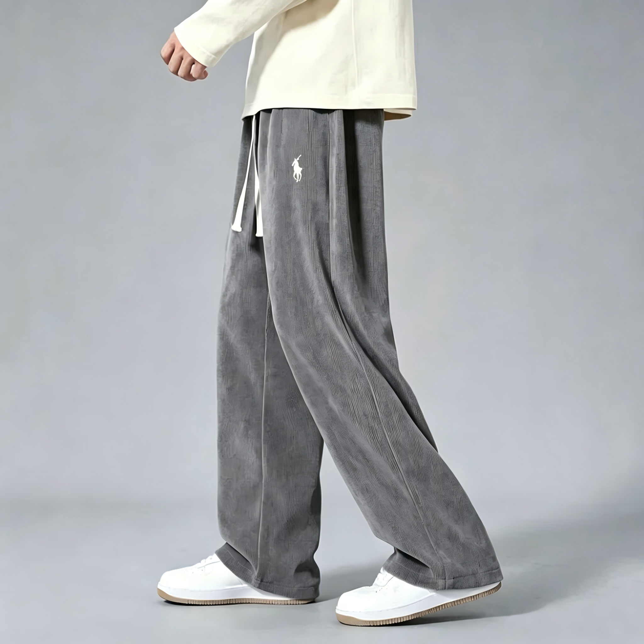 Men's corduroy wide-leg sweatpants—classic drawstring, loose-fit casual trousers.