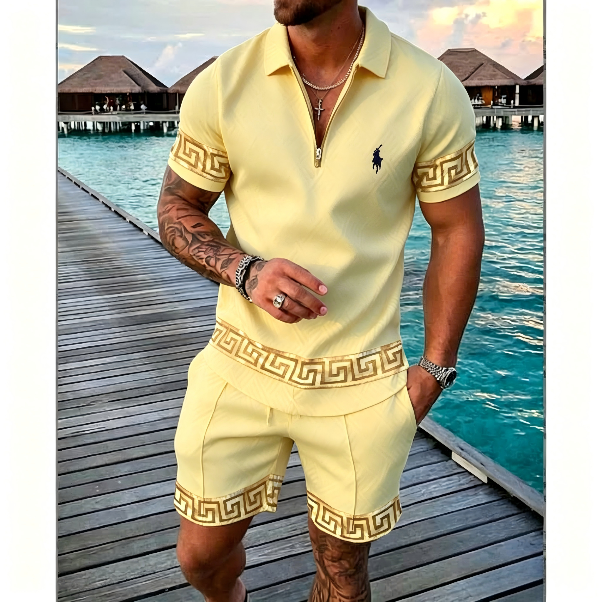 Men's Geometric Pattern Zip Polo Shorts 2 Piece Set