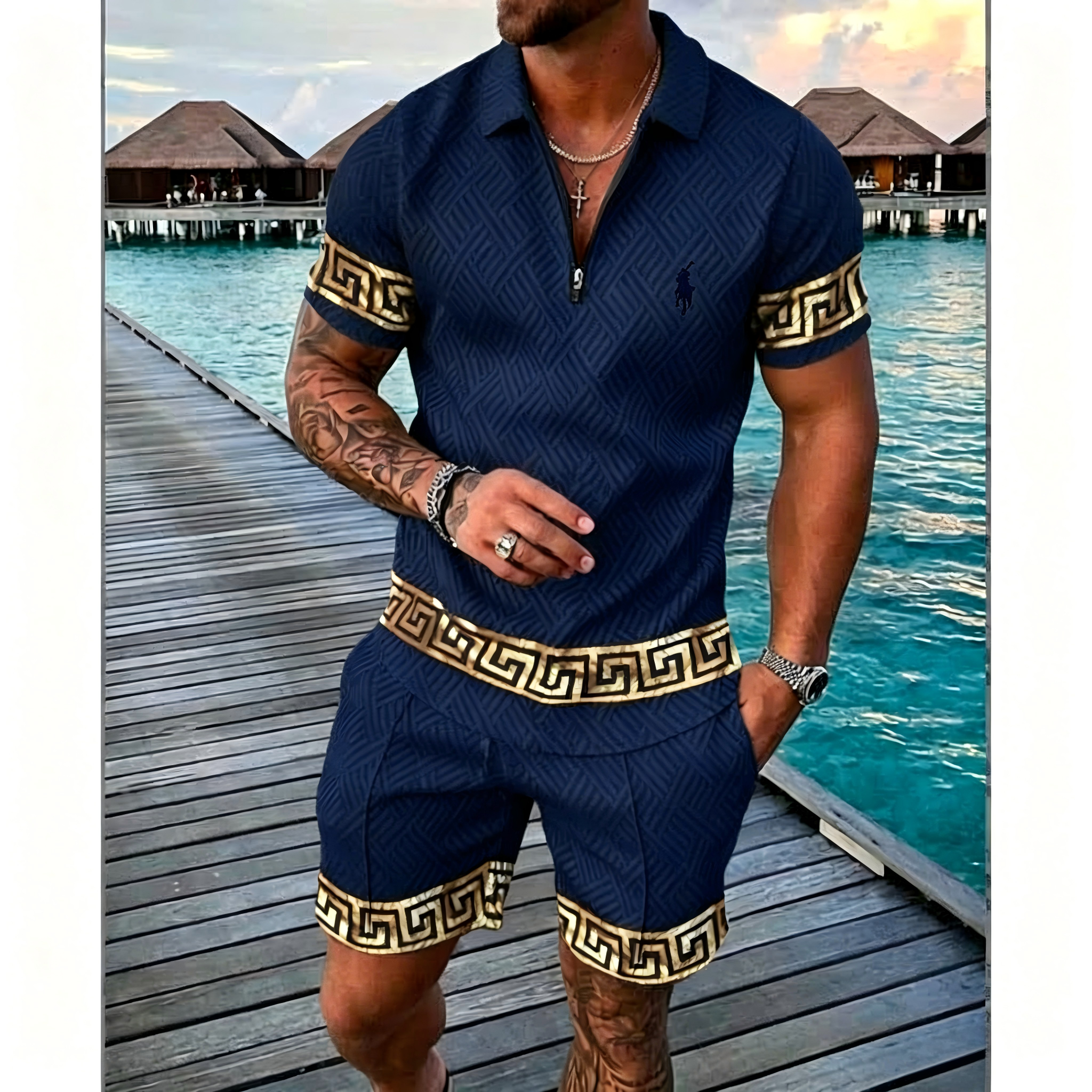 Men's Geometric Pattern Zip Polo Shorts 2 Piece Set