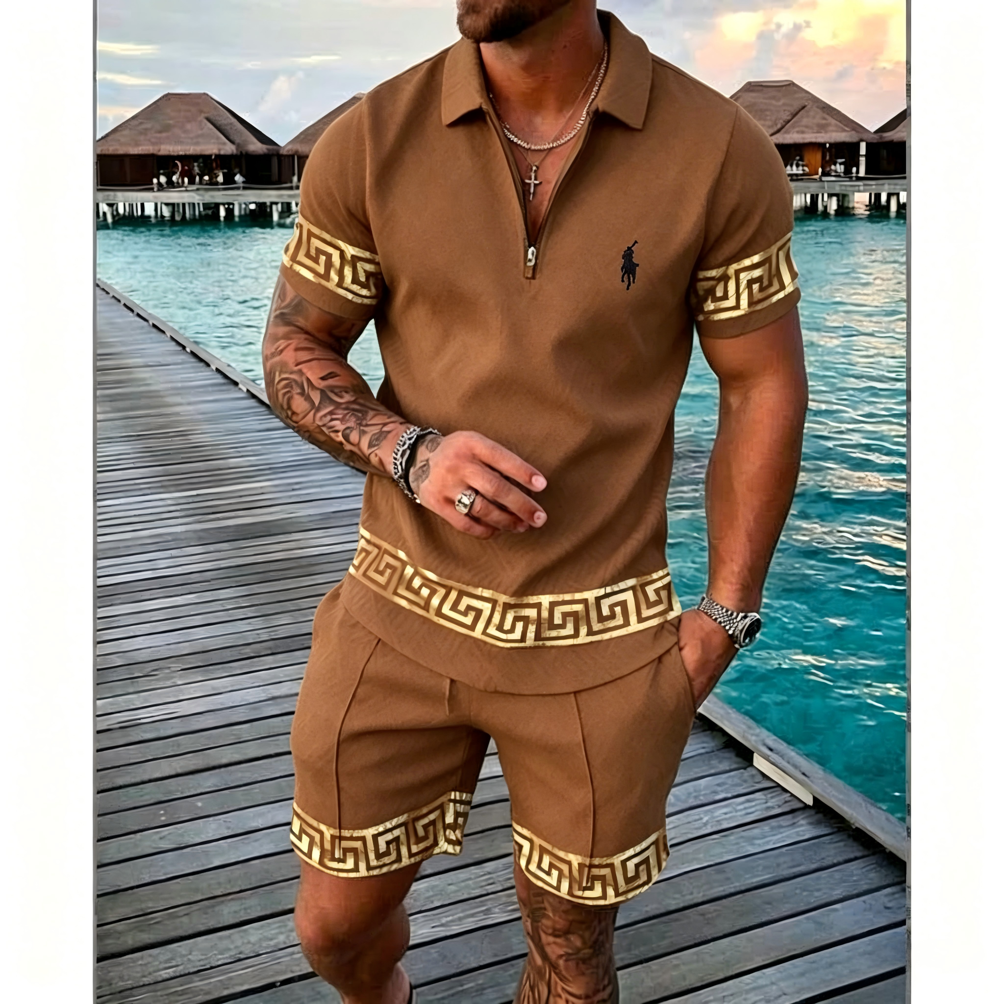Men's Geometric Pattern Zip Polo Shorts 2 Piece Set
