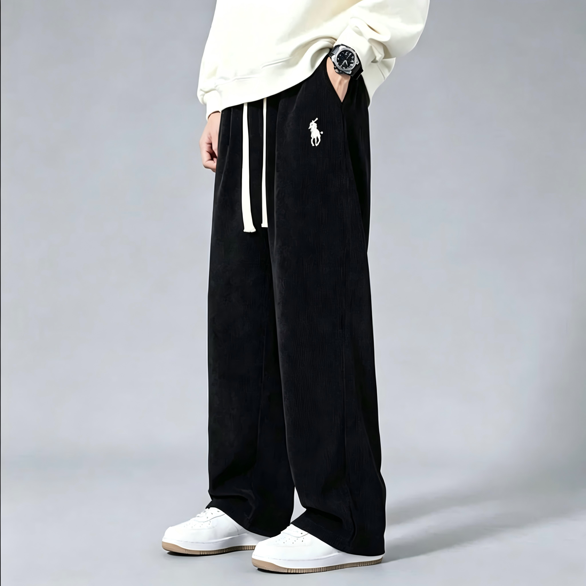 Men's corduroy wide-leg sweatpants—classic drawstring, loose-fit casual trousers.