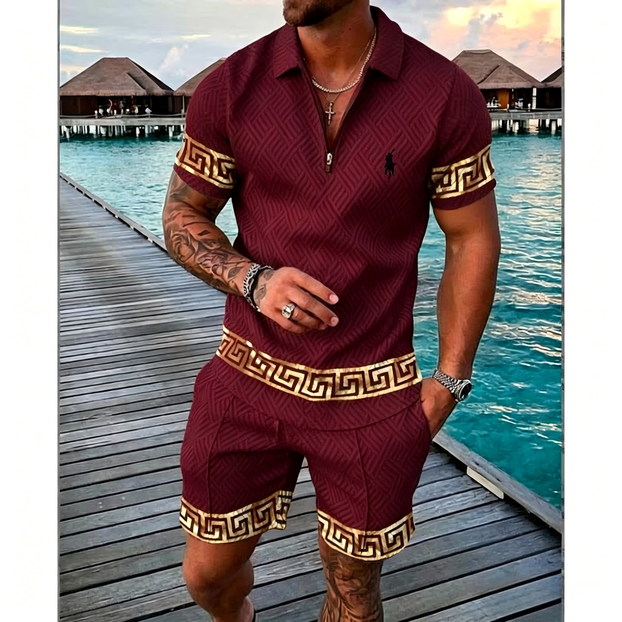 Men's Geometric Pattern Zip Polo Shorts 2 Piece Set