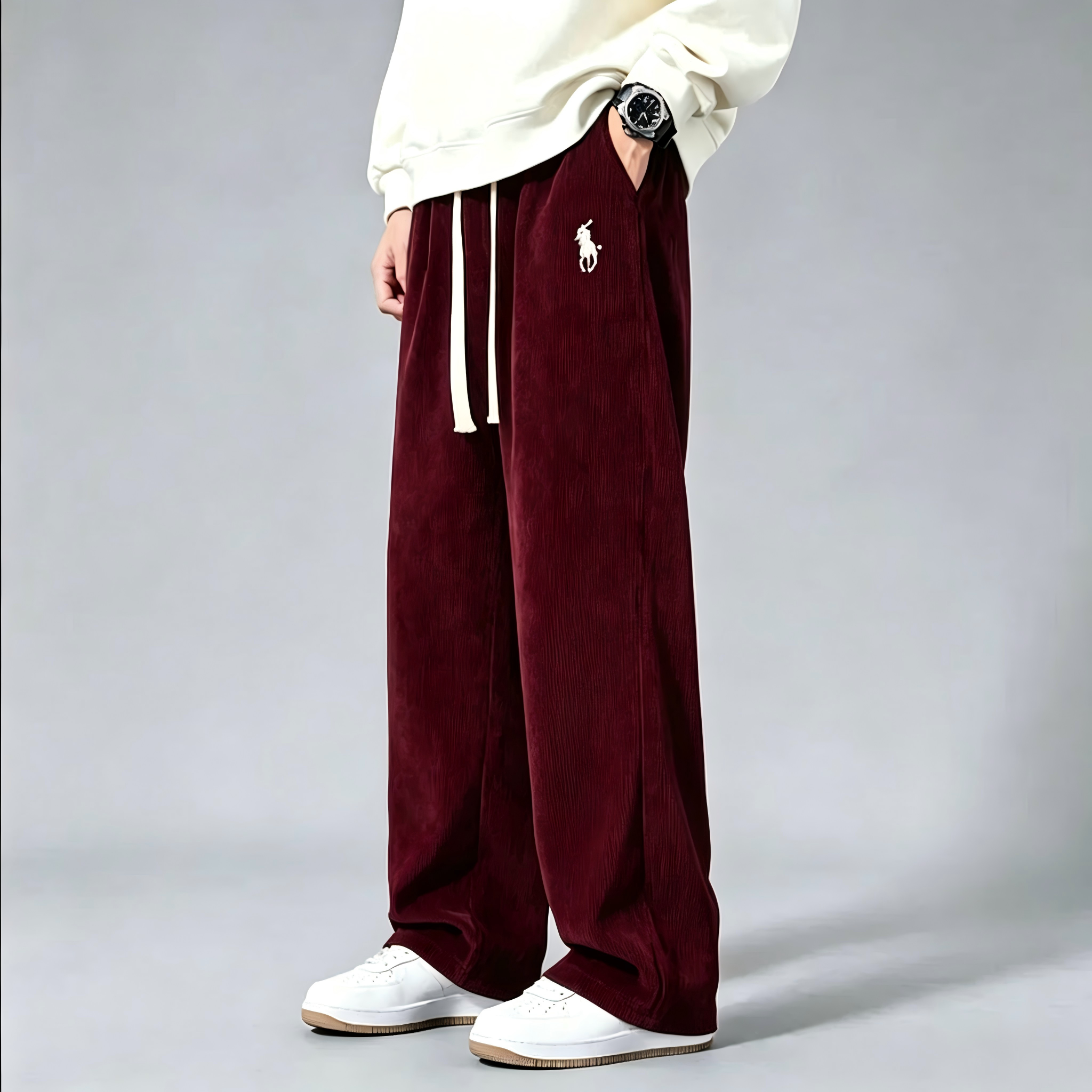 Men's corduroy wide-leg sweatpants—classic drawstring, loose-fit casual trousers.