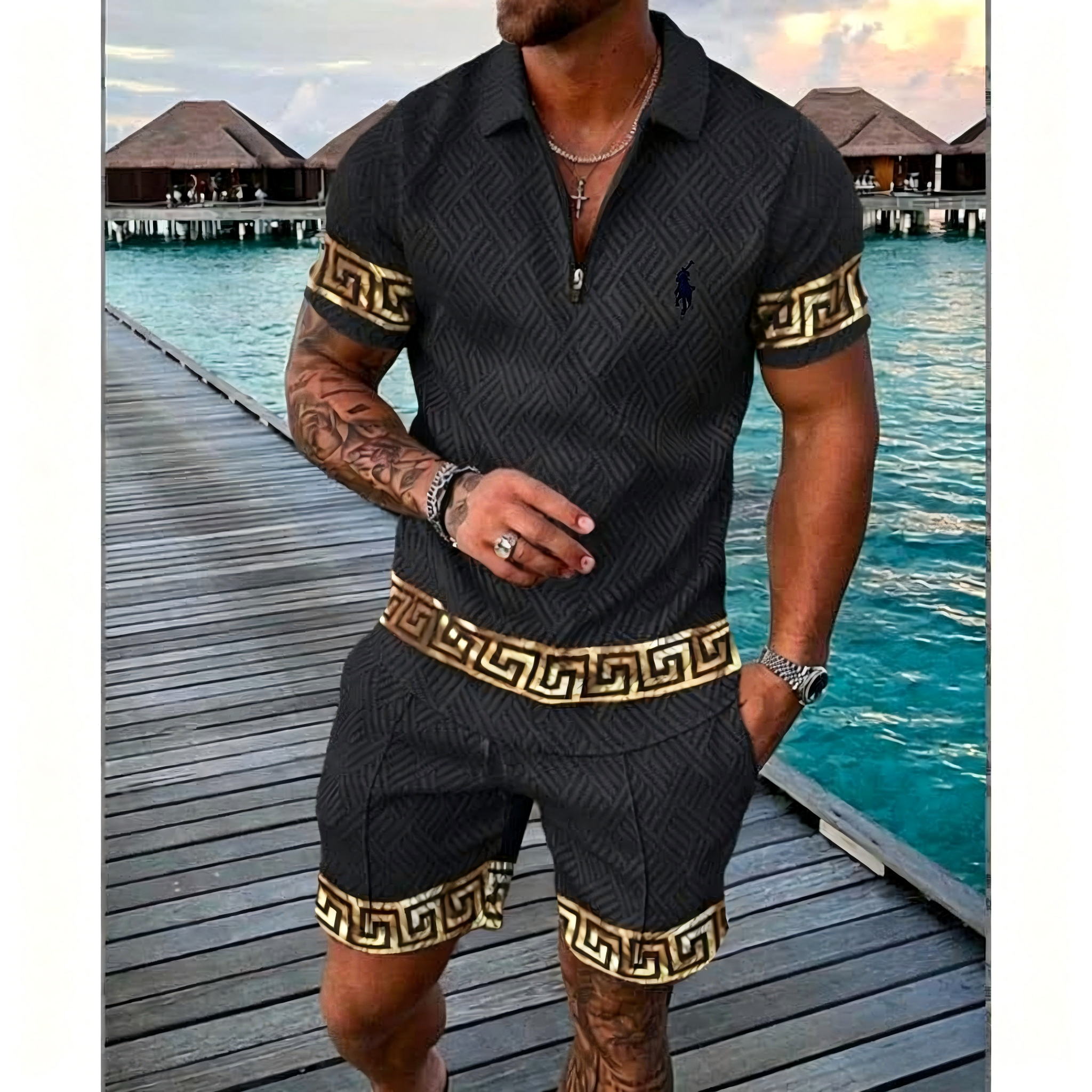 Men's Geometric Pattern Zip Polo Shorts 2 Piece Set
