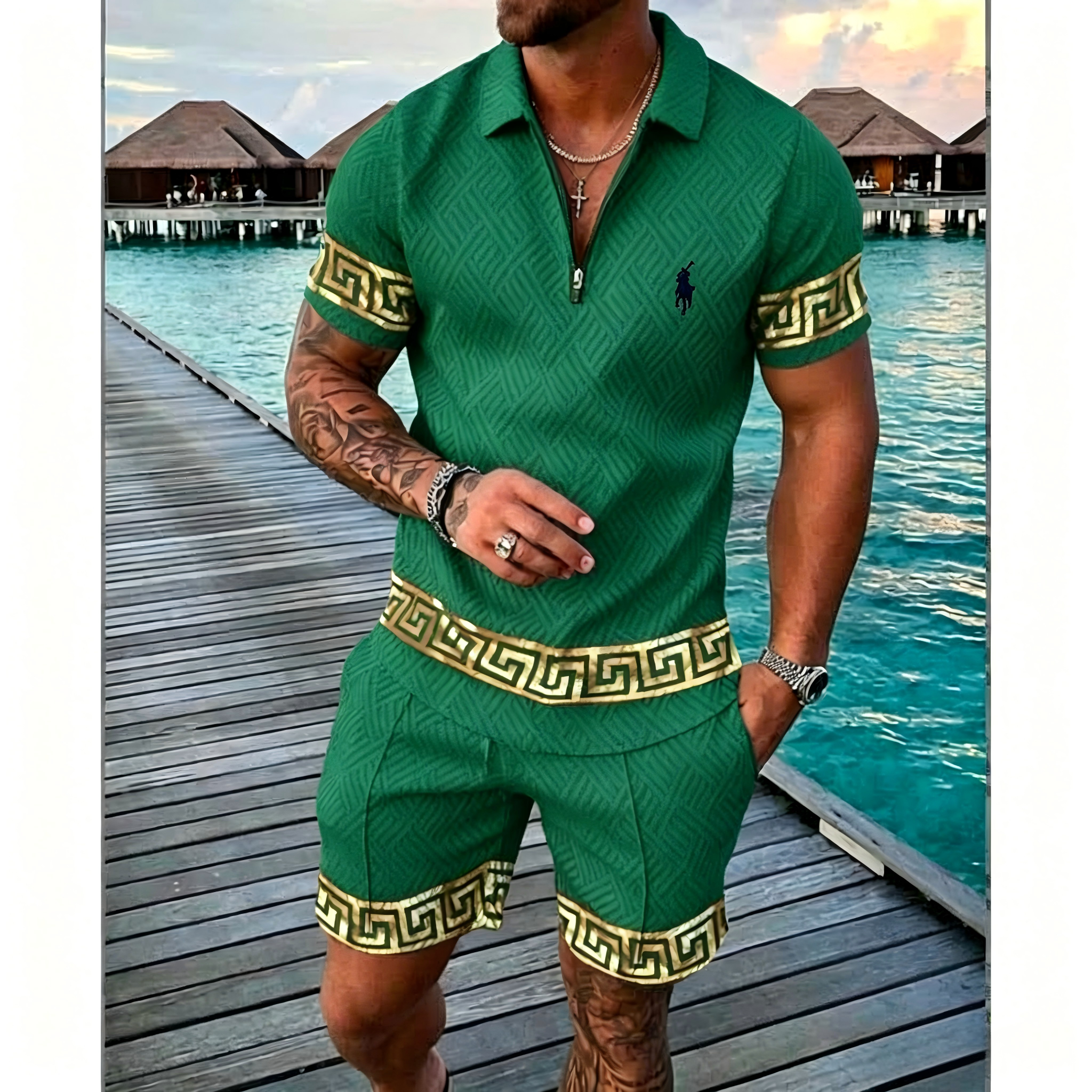 Men's Geometric Pattern Zip Polo Shorts 2 Piece Set