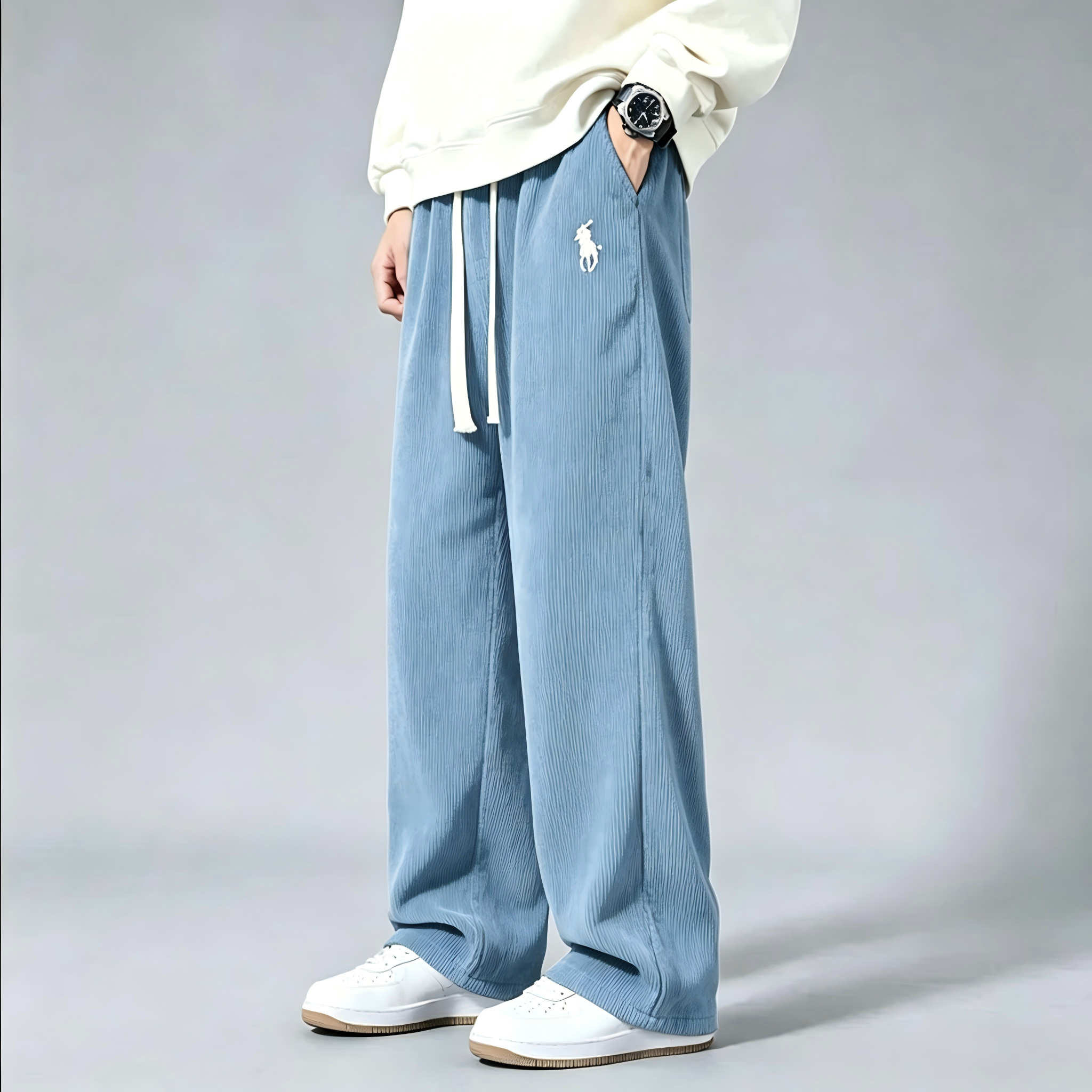 Men's corduroy wide-leg sweatpants—classic drawstring, loose-fit casual trousers.
