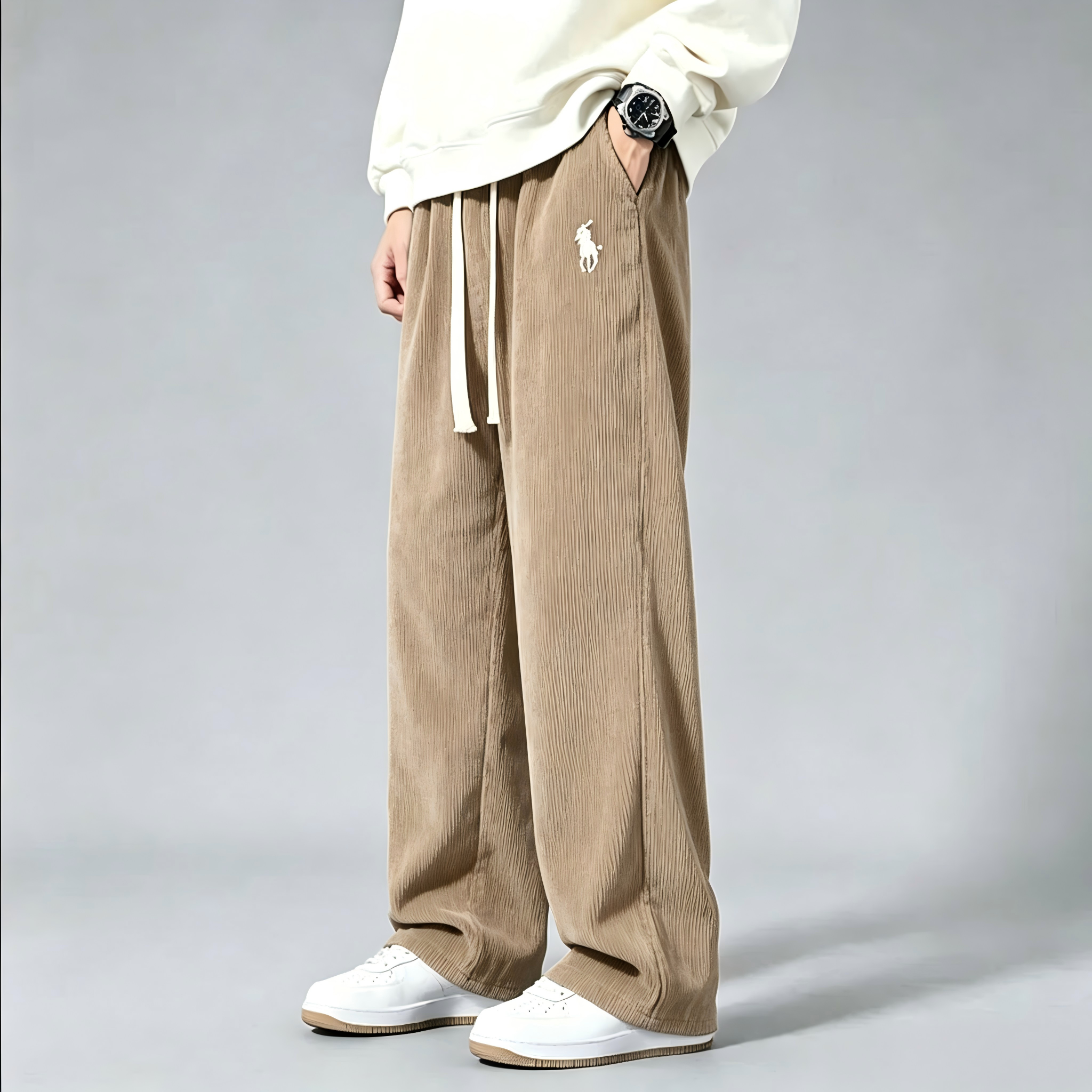 Men's corduroy wide-leg sweatpants—classic drawstring, loose-fit casual trousers.