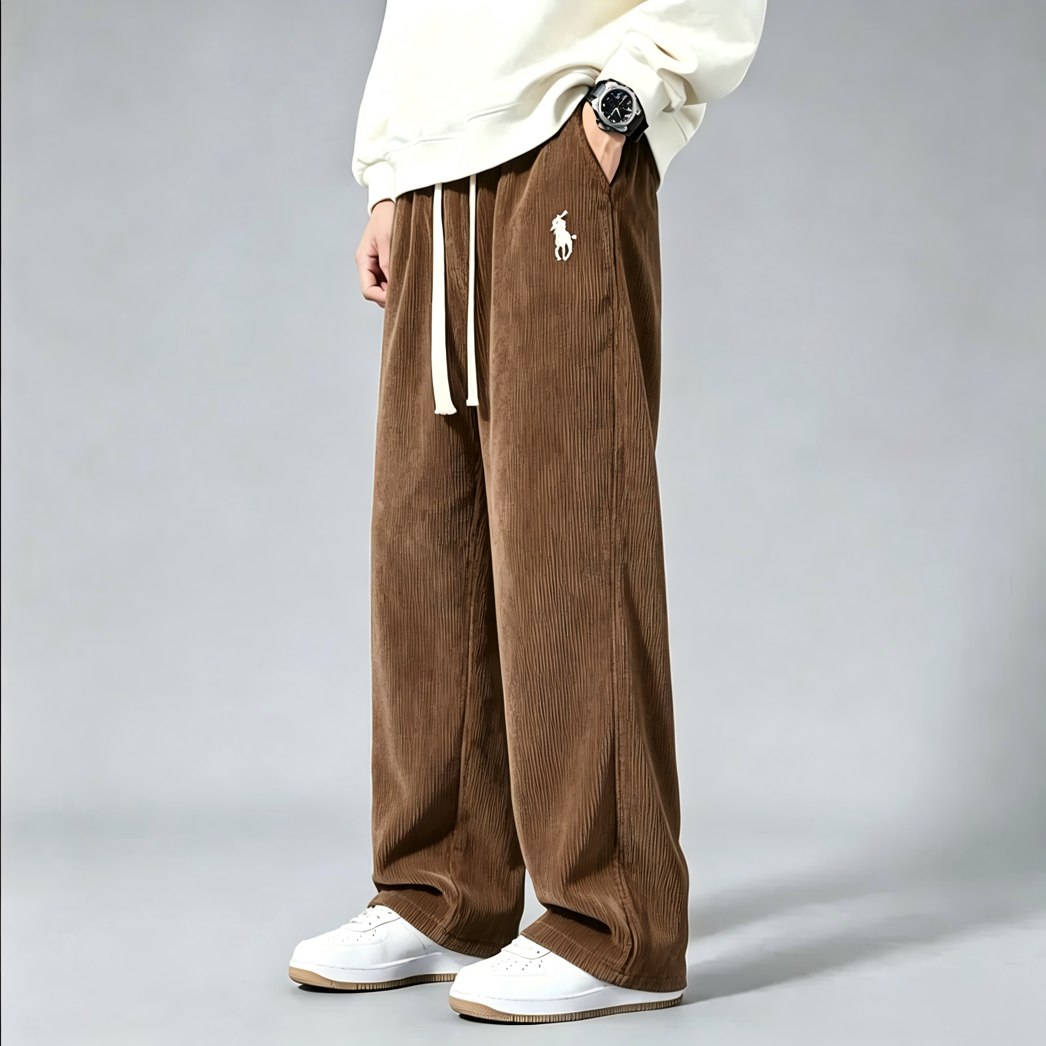 Men's corduroy wide-leg sweatpants—classic drawstring, loose-fit casual trousers.