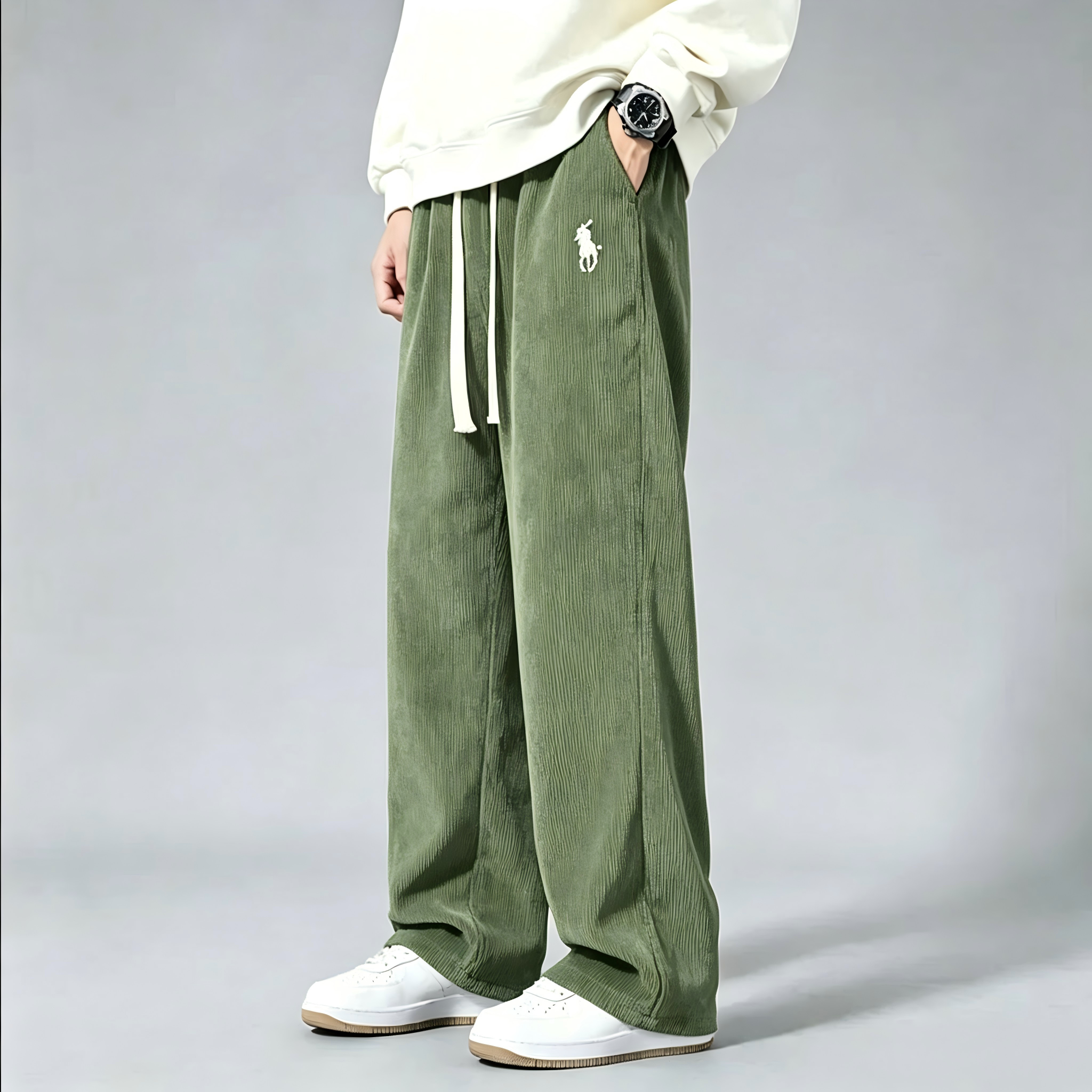 Men's corduroy wide-leg sweatpants—classic drawstring, loose-fit casual trousers.